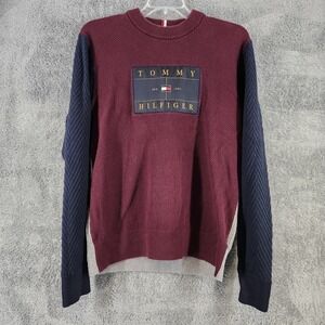 Tommy Hilfiger Sweater Men XL Colorblock Mixed Texture Chest Patch Logo Preppy
